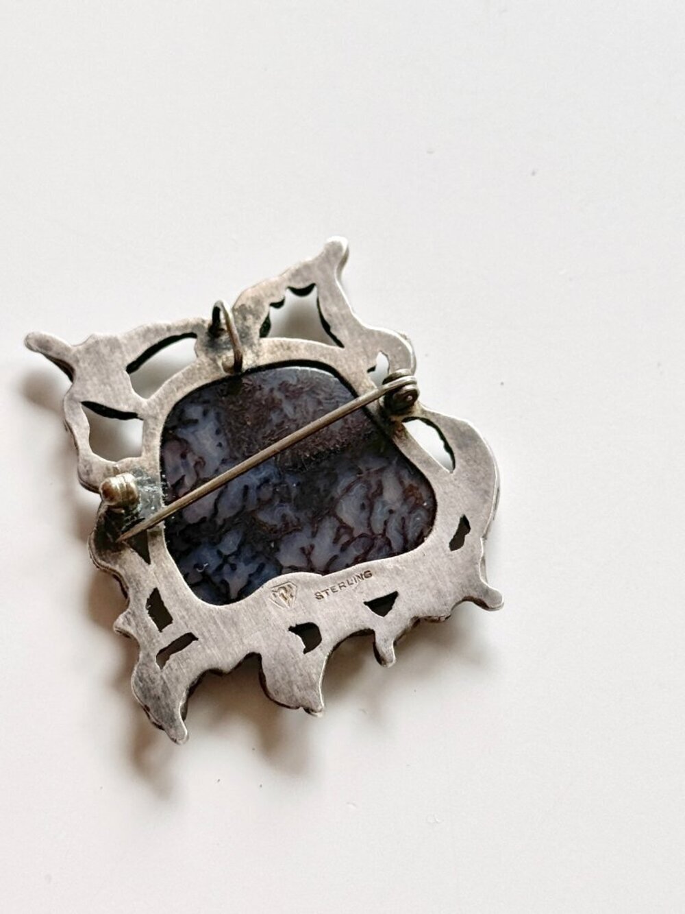 Vintage MK Sterling Silver Brutalist Modernist Purple Agate Brooch Pendant - Picture 8 of 15